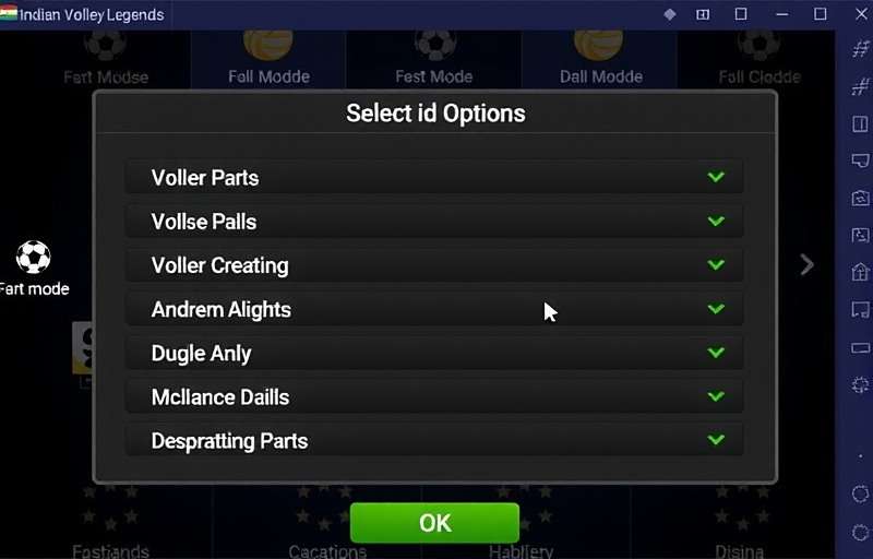 Indian Volley Legends game modes selection screen showing various options