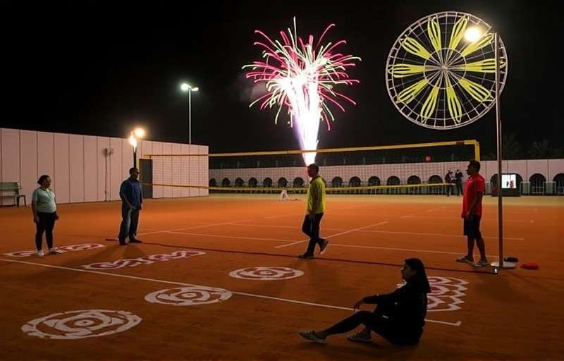 Indian Volley Legends Diwali special event with rangoli decorated court and fireworks