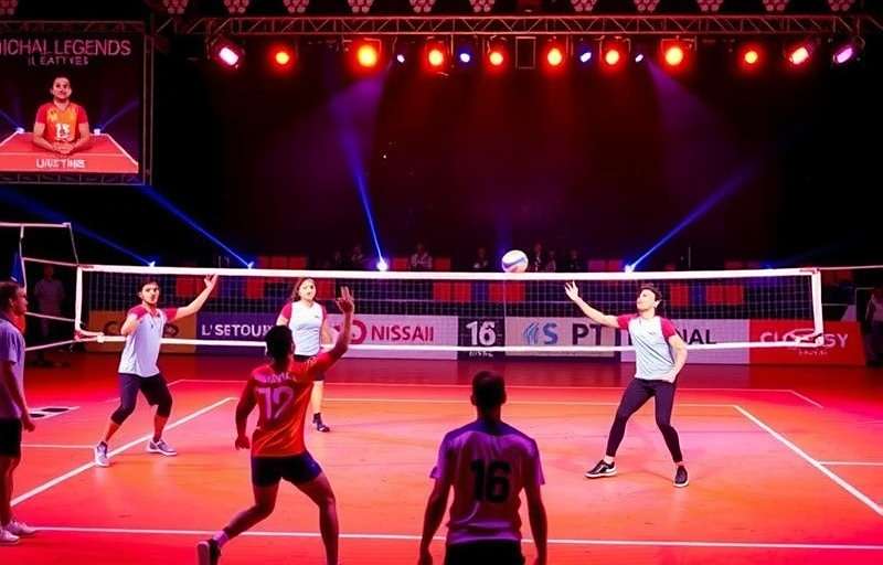 Indian Volley Legends national tournament finals with players competing on stage